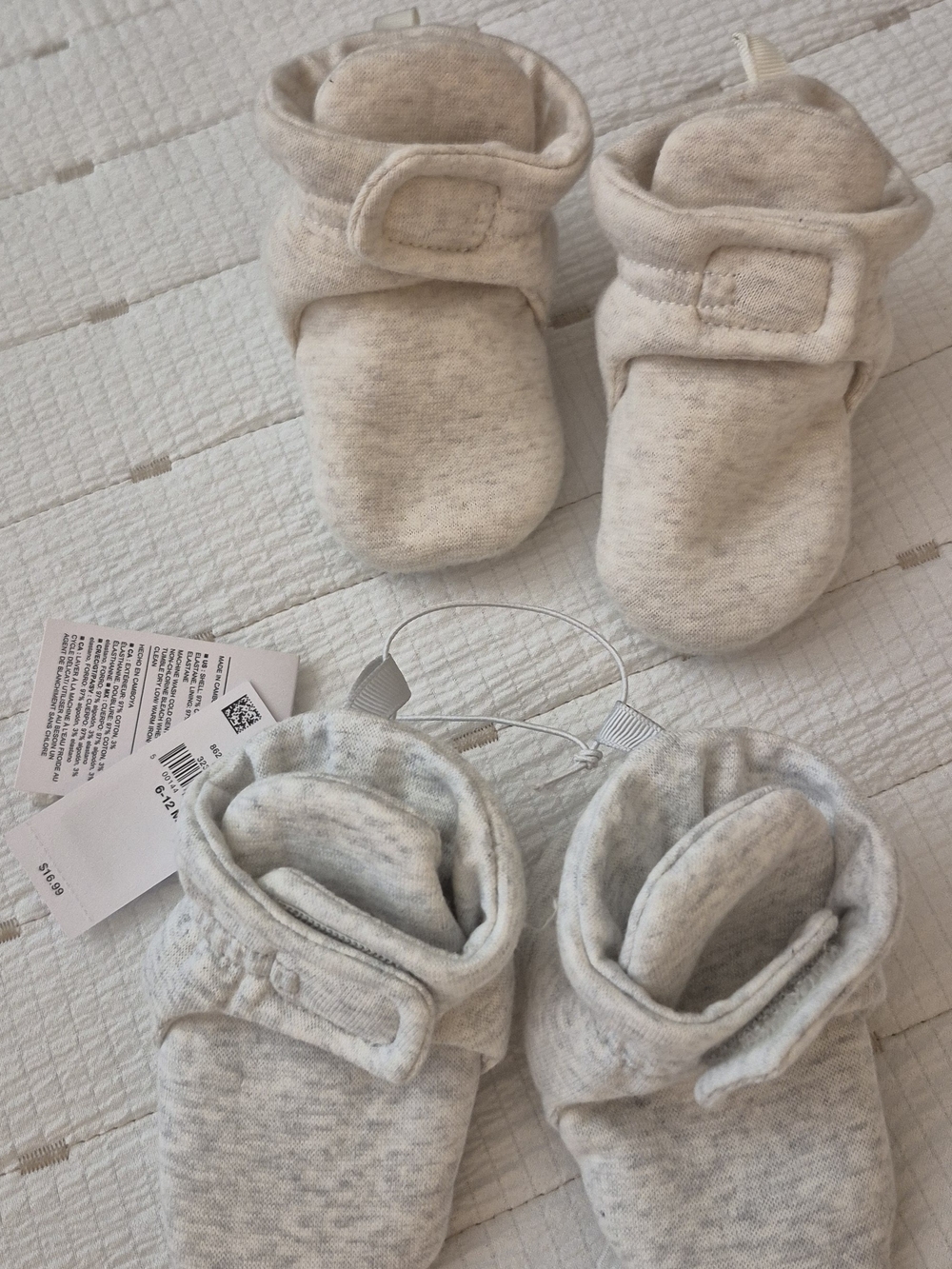 2 For 1 Pair Baby Booties in Heathered Cream & Grey  - Velcro Closure